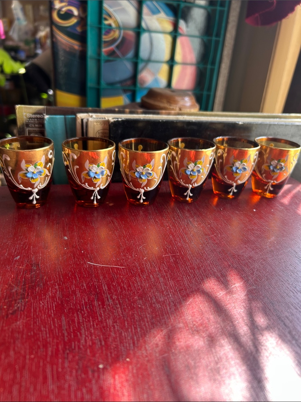 "Tre Fuochi"
 Amber Floral Shot Glasses - Set of 6